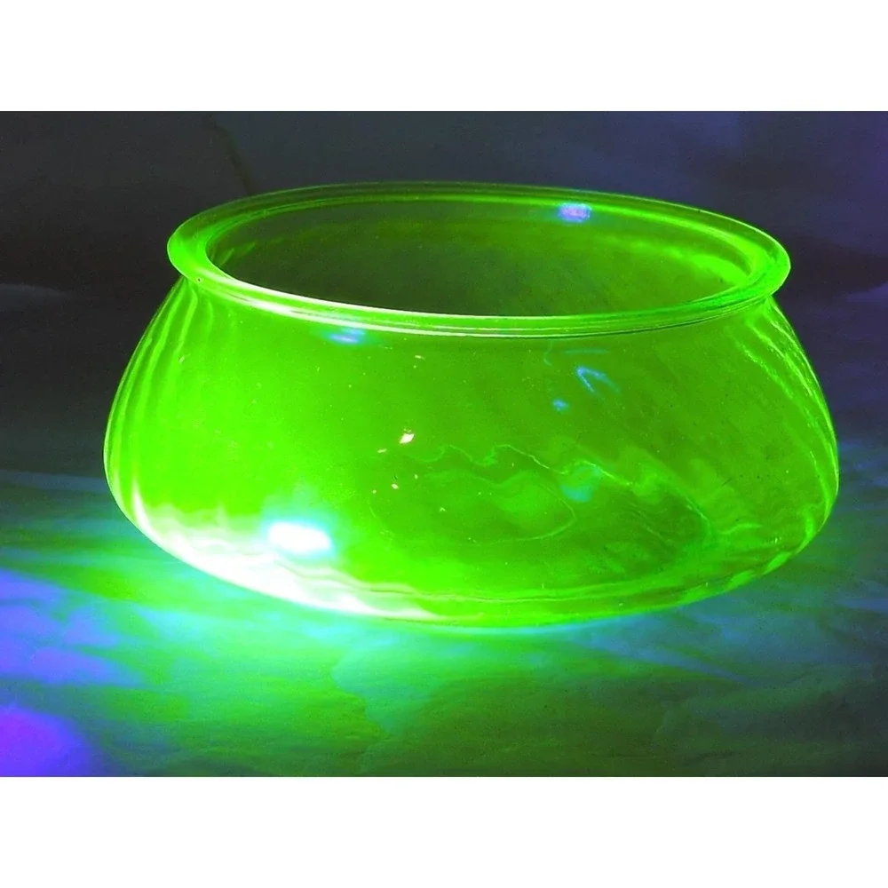 Vtg Uranium Glass Anchor Hocking Spiral Optic Green Candy Dish  Bowl from 1930s